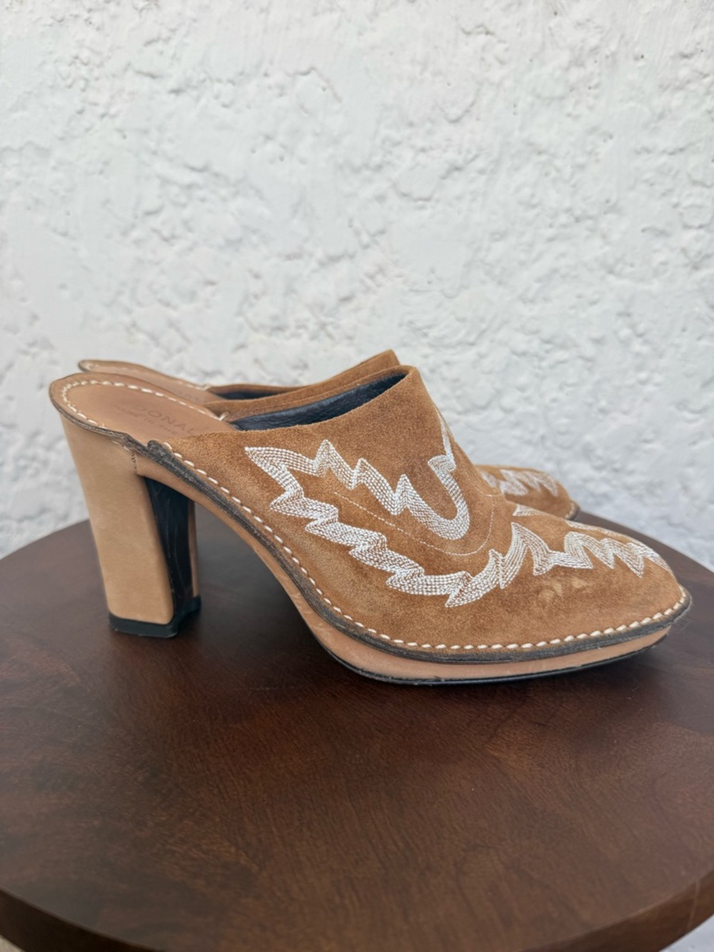 Donald J. Pliner Tan Suede Embroidered Western Mule Heels